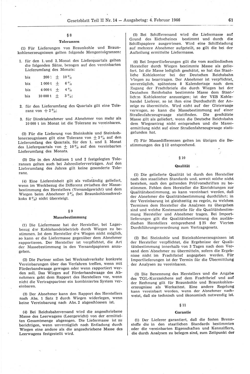 Gesetzblatt (GBl.) der Deutschen Demokratischen Republik (DDR) Teil ⅠⅠ 1966, Seite 61 (GBl. DDR ⅠⅠ 1966, S. 61)