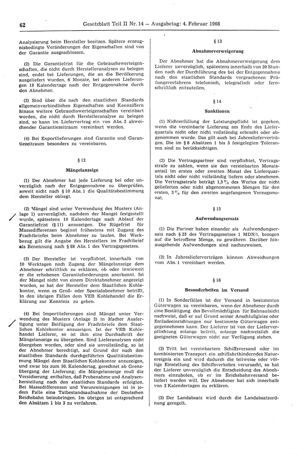 Gesetzblatt (GBl.) der Deutschen Demokratischen Republik (DDR) Teil ⅠⅠ 1966, Seite 62 (GBl. DDR ⅠⅠ 1966, S. 62)