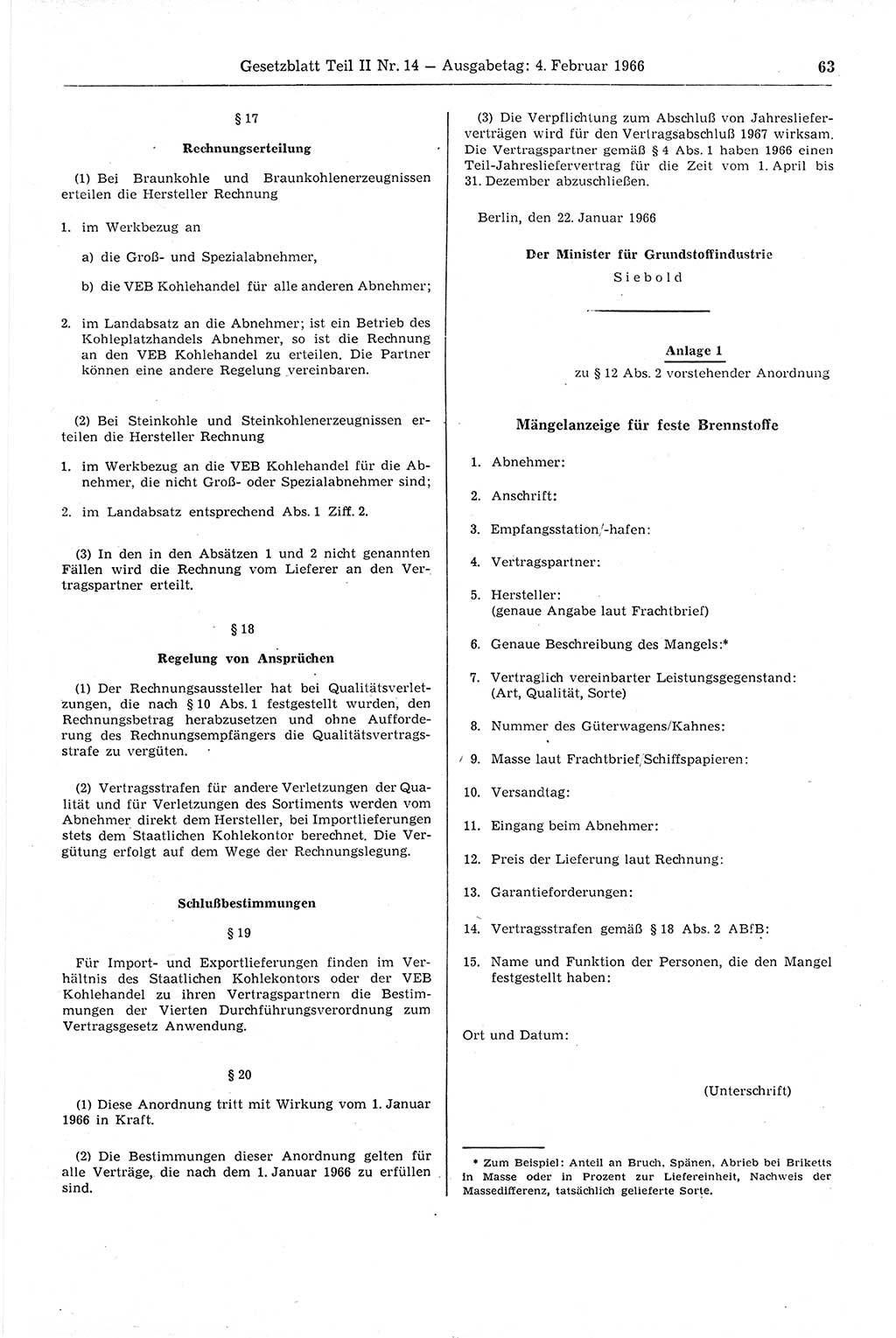 Gesetzblatt (GBl.) der Deutschen Demokratischen Republik (DDR) Teil ⅠⅠ 1966, Seite 63 (GBl. DDR ⅠⅠ 1966, S. 63)