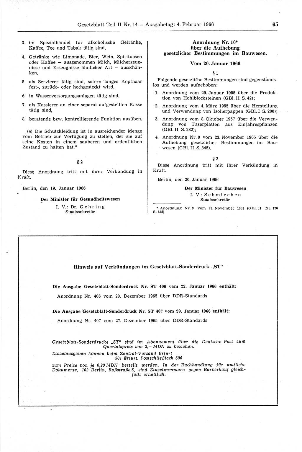 Gesetzblatt (GBl.) der Deutschen Demokratischen Republik (DDR) Teil ⅠⅠ 1966, Seite 65 (GBl. DDR ⅠⅠ 1966, S. 65)