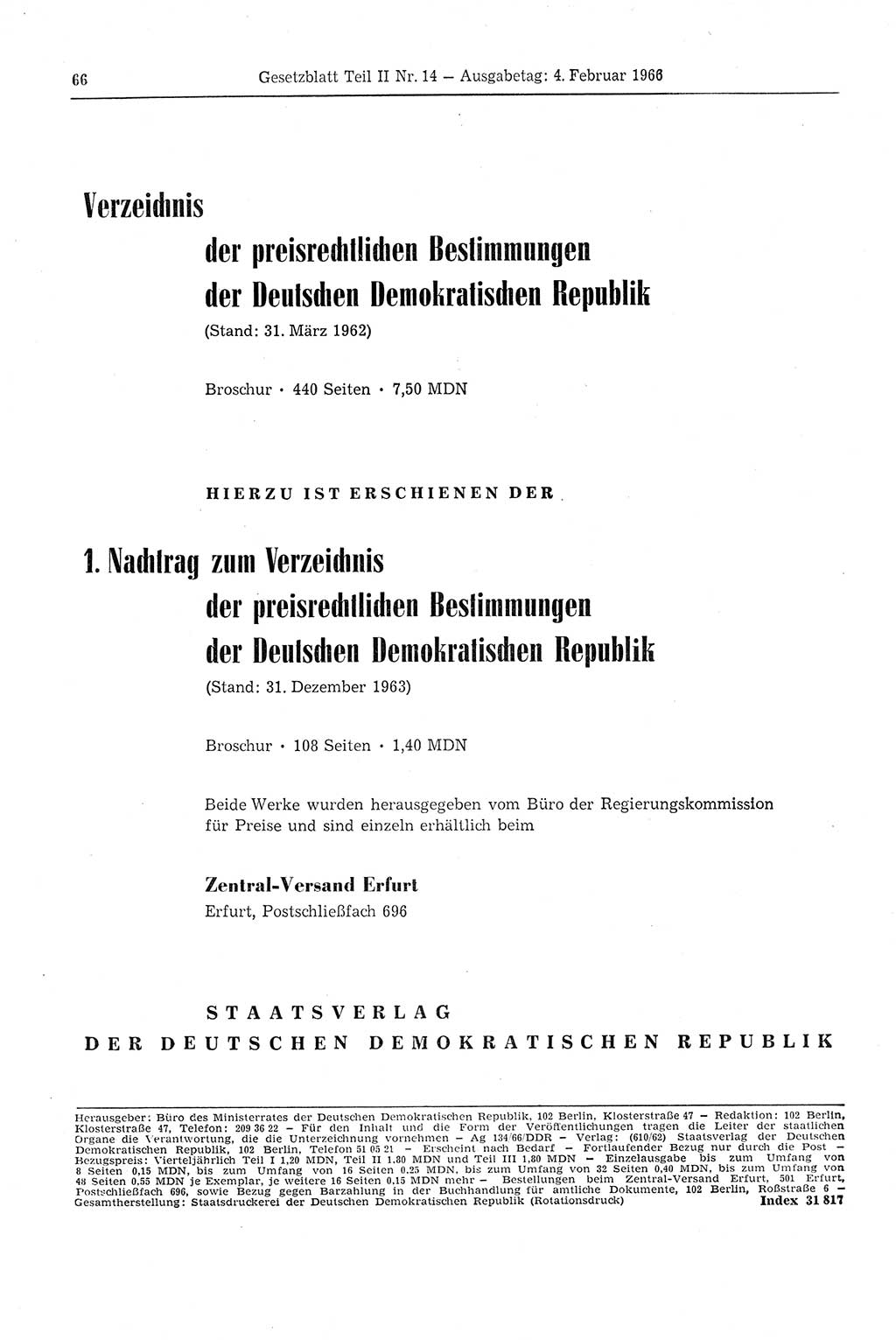 Gesetzblatt (GBl.) der Deutschen Demokratischen Republik (DDR) Teil ⅠⅠ 1966, Seite 66 (GBl. DDR ⅠⅠ 1966, S. 66)