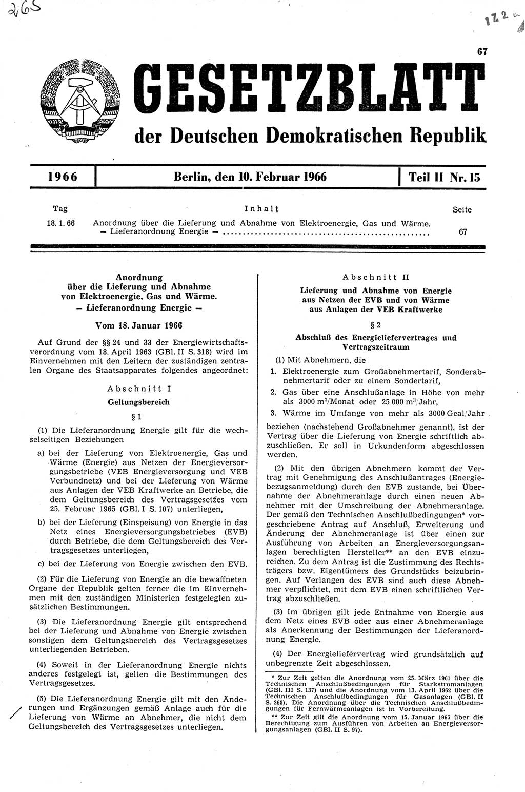 Gesetzblatt (GBl.) der Deutschen Demokratischen Republik (DDR) Teil ⅠⅠ 1966, Seite 67 (GBl. DDR ⅠⅠ 1966, S. 67)