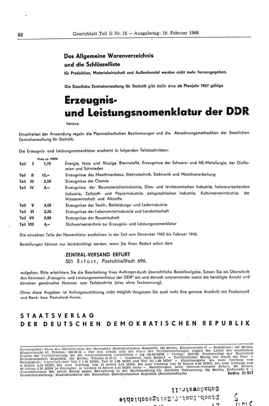 Gesetzblatt (GBl.) der Deutschen Demokratischen Republik (DDR) Teil ⅠⅠ 1966, Seite 82 (GBl. DDR ⅠⅠ 1966, S. 82)