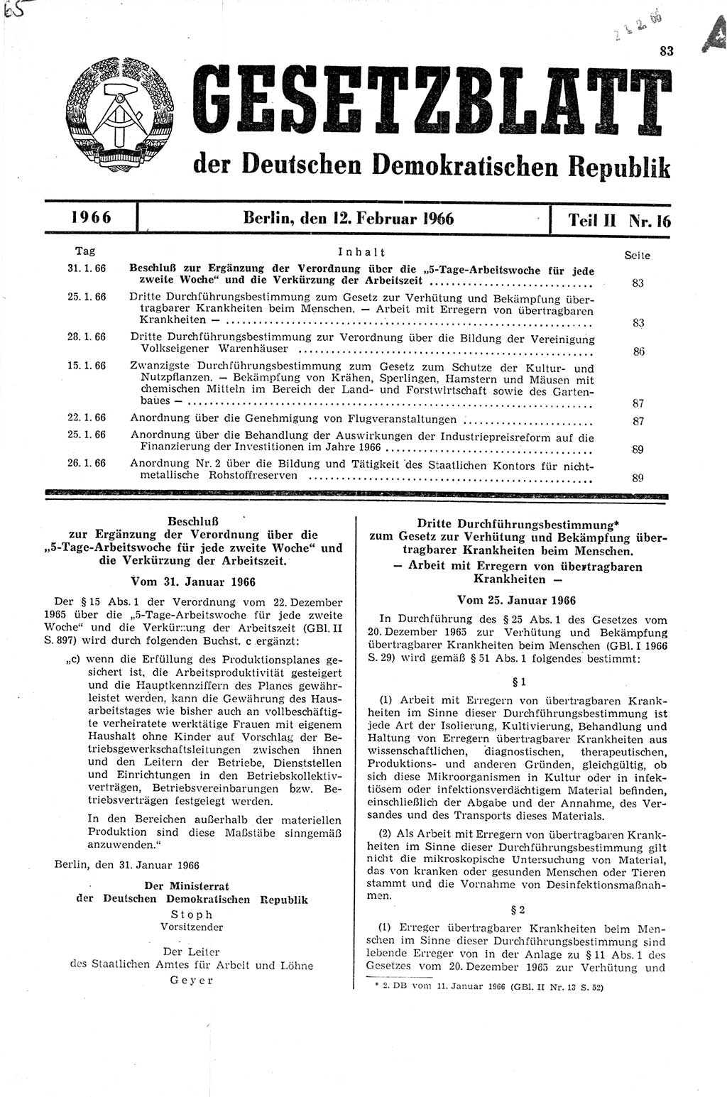 Gesetzblatt (GBl.) der Deutschen Demokratischen Republik (DDR) Teil ⅠⅠ 1966, Seite 83 (GBl. DDR ⅠⅠ 1966, S. 83)