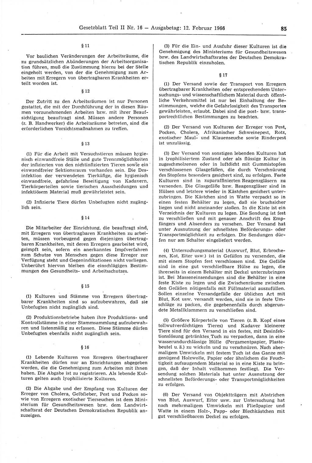 Gesetzblatt (GBl.) der Deutschen Demokratischen Republik (DDR) Teil ⅠⅠ 1966, Seite 85 (GBl. DDR ⅠⅠ 1966, S. 85)