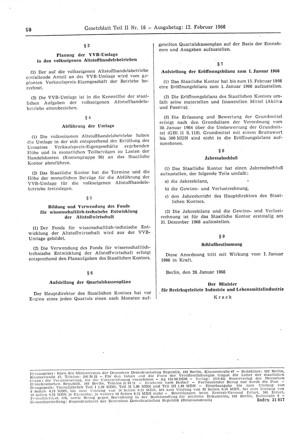 Gesetzblatt (GBl.) der Deutschen Demokratischen Republik (DDR) Teil ⅠⅠ 1966, Seite 90 (GBl. DDR ⅠⅠ 1966, S. 90)