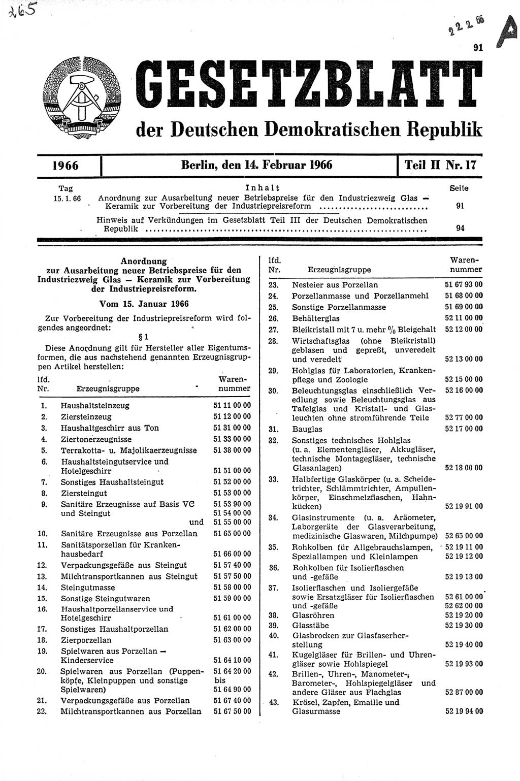 Gesetzblatt (GBl.) der Deutschen Demokratischen Republik (DDR) Teil ⅠⅠ 1966, Seite 91 (GBl. DDR ⅠⅠ 1966, S. 91)