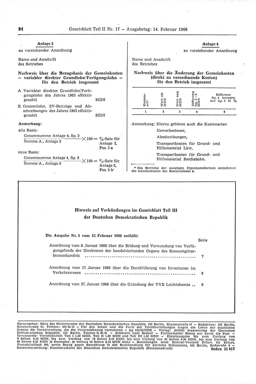 Gesetzblatt (GBl.) der Deutschen Demokratischen Republik (DDR) Teil ⅠⅠ 1966, Seite 94 (GBl. DDR ⅠⅠ 1966, S. 94)