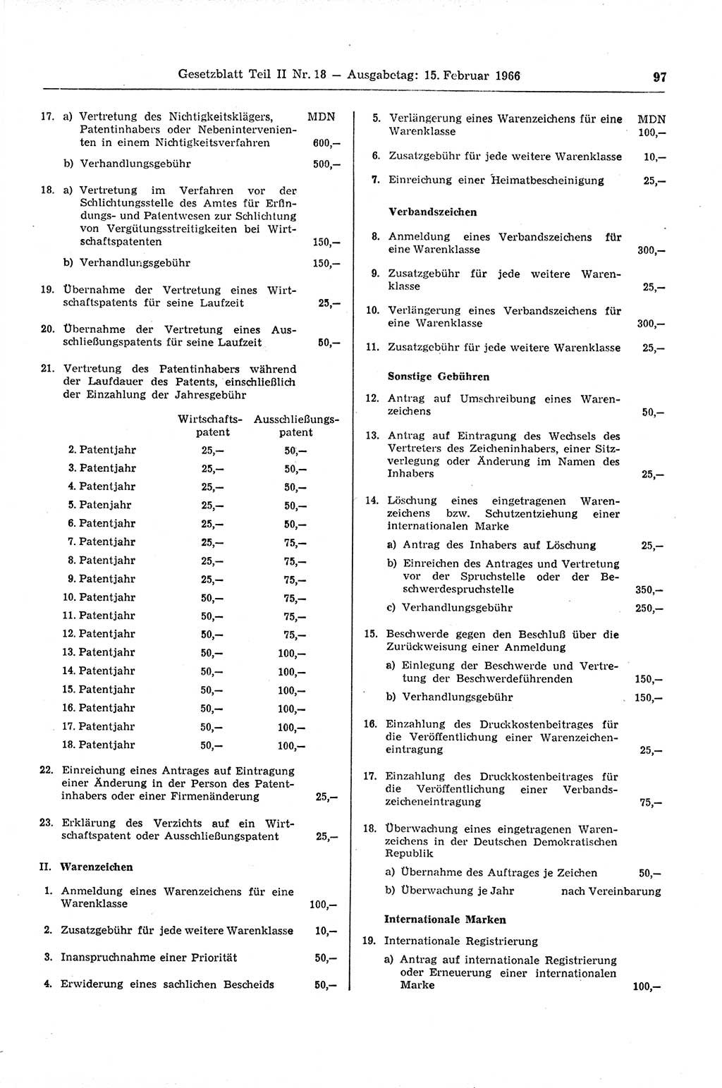 Gesetzblatt (GBl.) der Deutschen Demokratischen Republik (DDR) Teil ⅠⅠ 1966, Seite 97 (GBl. DDR ⅠⅠ 1966, S. 97)