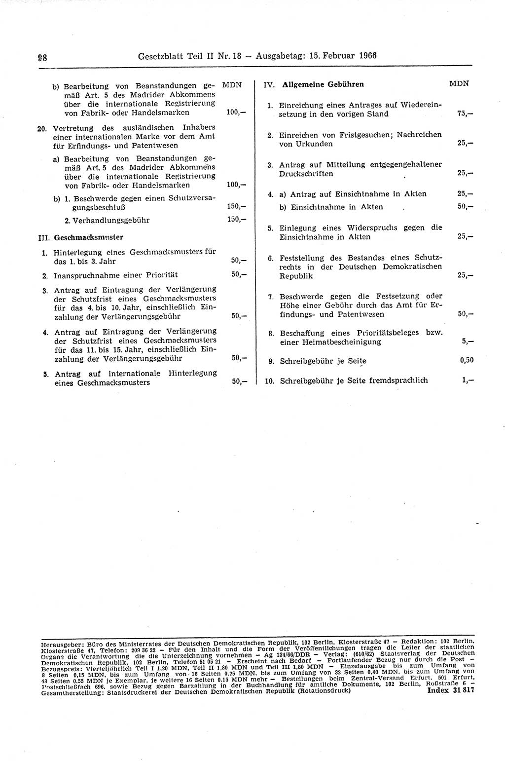 Gesetzblatt (GBl.) der Deutschen Demokratischen Republik (DDR) Teil ⅠⅠ 1966, Seite 98 (GBl. DDR ⅠⅠ 1966, S. 98)