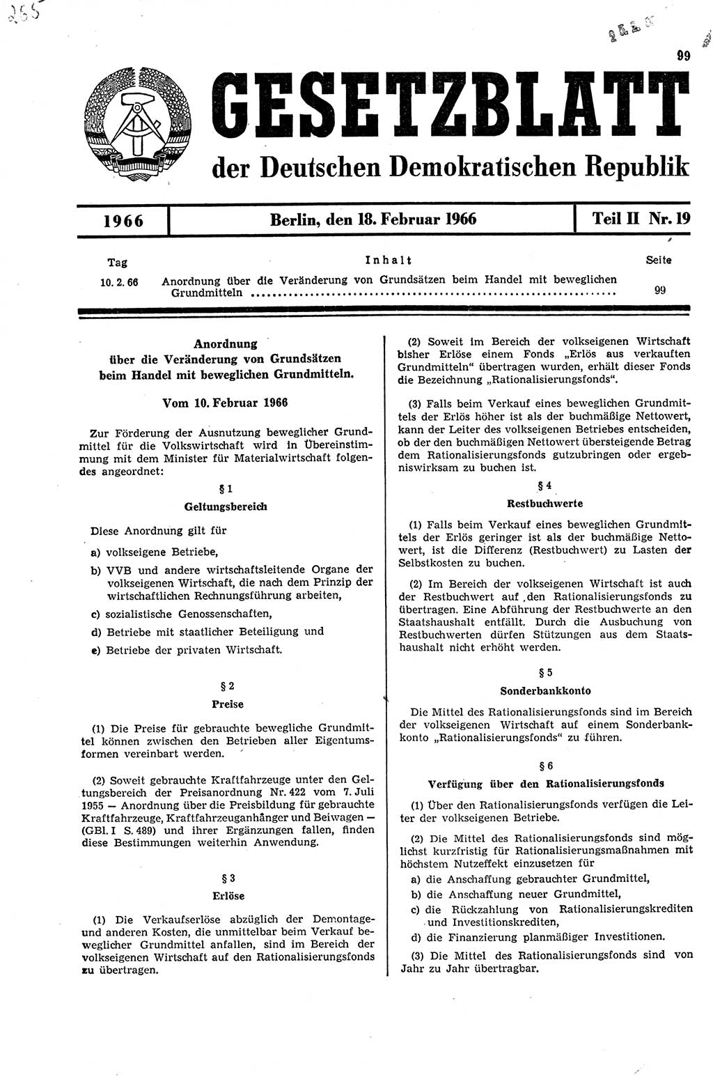 Gesetzblatt (GBl.) der Deutschen Demokratischen Republik (DDR) Teil ⅠⅠ 1966, Seite 99 (GBl. DDR ⅠⅠ 1966, S. 99)