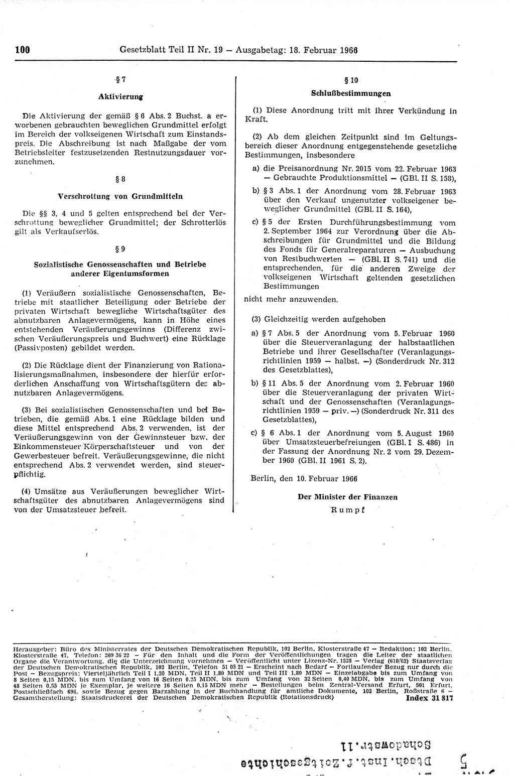 Gesetzblatt (GBl.) der Deutschen Demokratischen Republik (DDR) Teil ⅠⅠ 1966, Seite 100 (GBl. DDR ⅠⅠ 1966, S. 100)