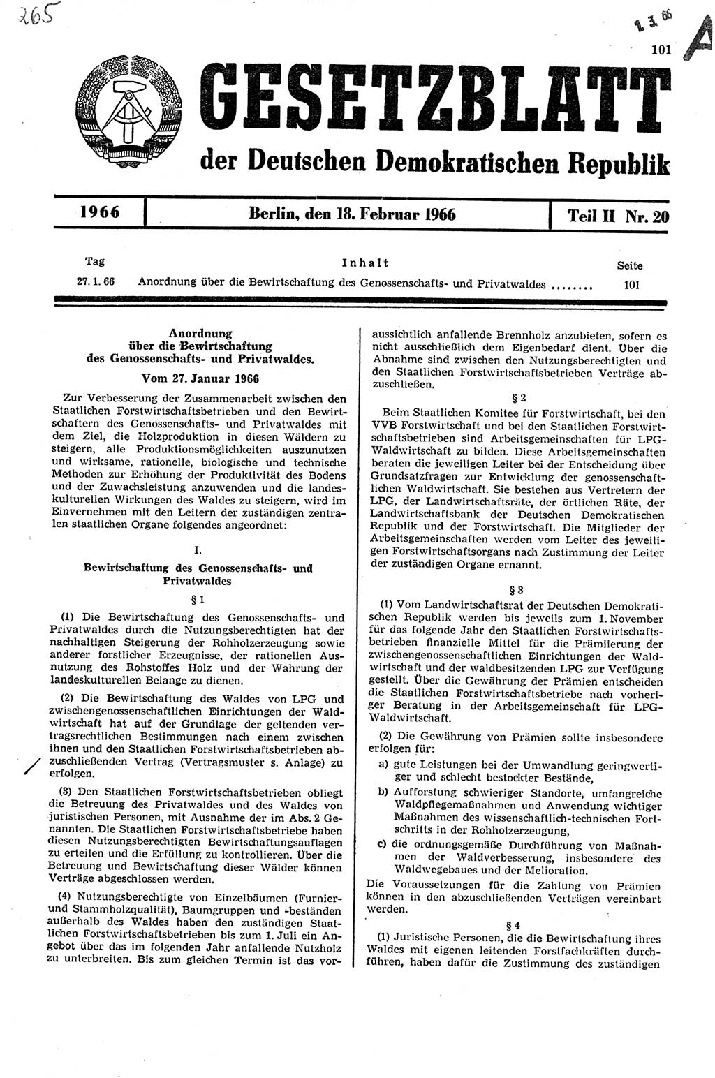 Gesetzblatt (GBl.) der Deutschen Demokratischen Republik (DDR) Teil ⅠⅠ 1966, Seite 101 (GBl. DDR ⅠⅠ 1966, S. 101)
