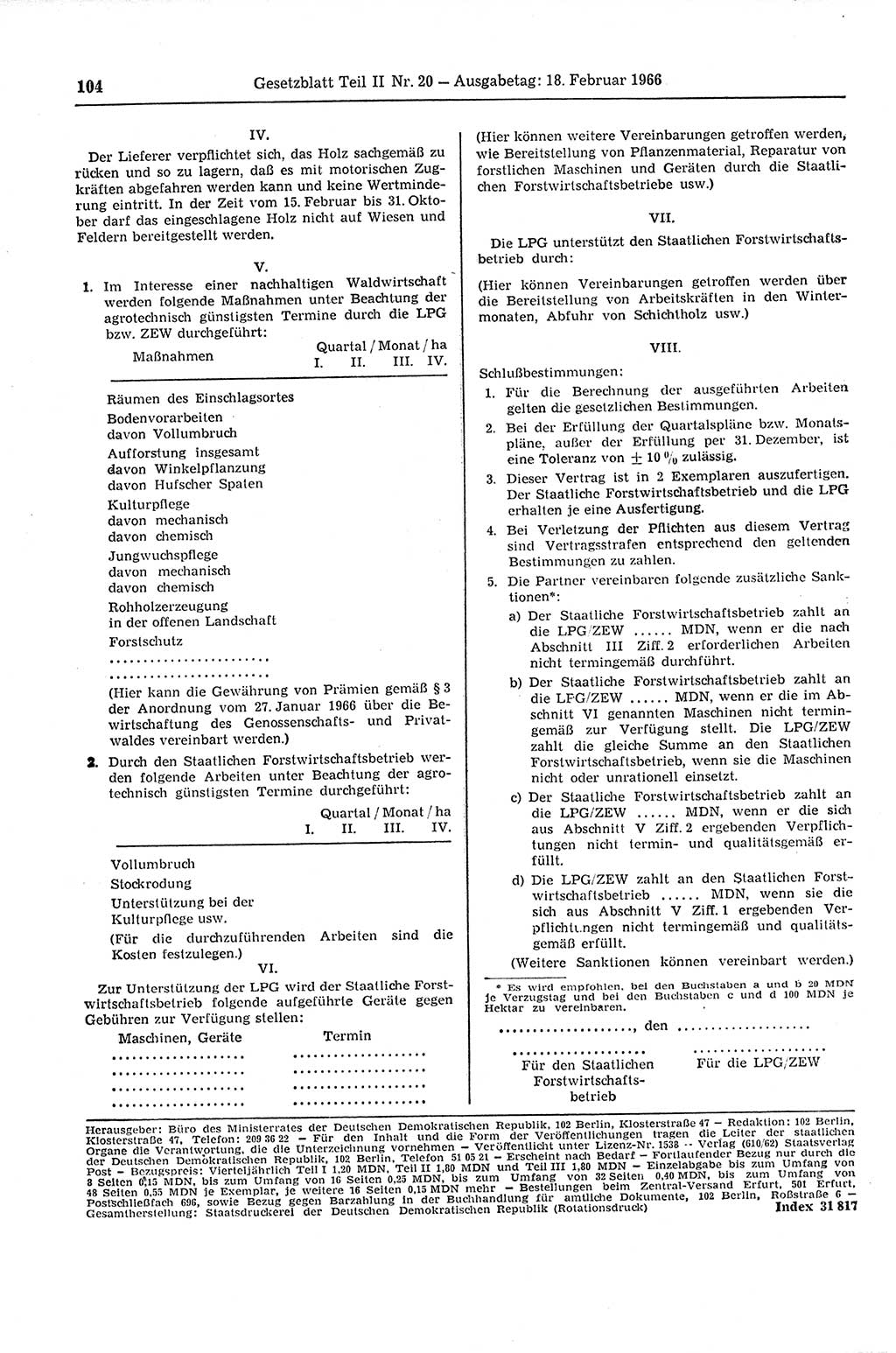 Gesetzblatt (GBl.) der Deutschen Demokratischen Republik (DDR) Teil ⅠⅠ 1966, Seite 104 (GBl. DDR ⅠⅠ 1966, S. 104)