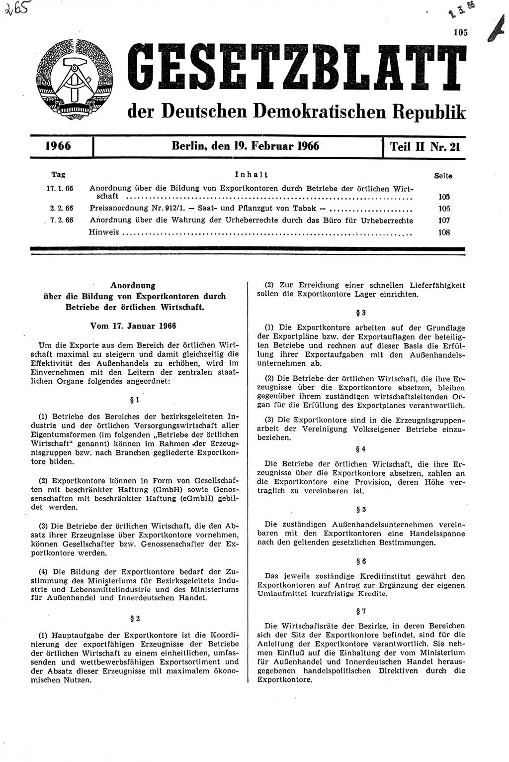 Gesetzblatt (GBl.) der Deutschen Demokratischen Republik (DDR) Teil ⅠⅠ 1966, Seite 105 (GBl. DDR ⅠⅠ 1966, S. 105)