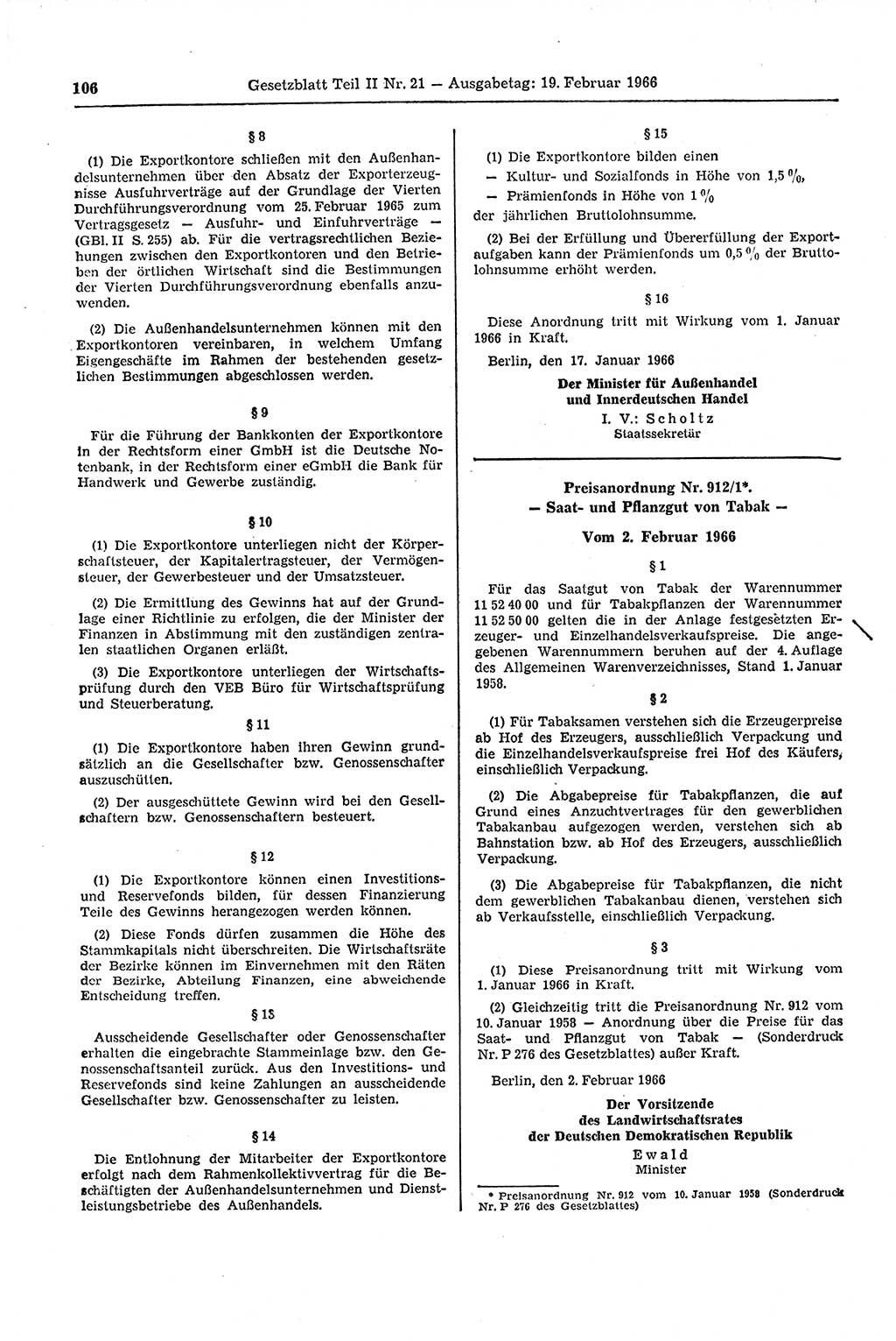 Gesetzblatt (GBl.) der Deutschen Demokratischen Republik (DDR) Teil ⅠⅠ 1966, Seite 106 (GBl. DDR ⅠⅠ 1966, S. 106)
