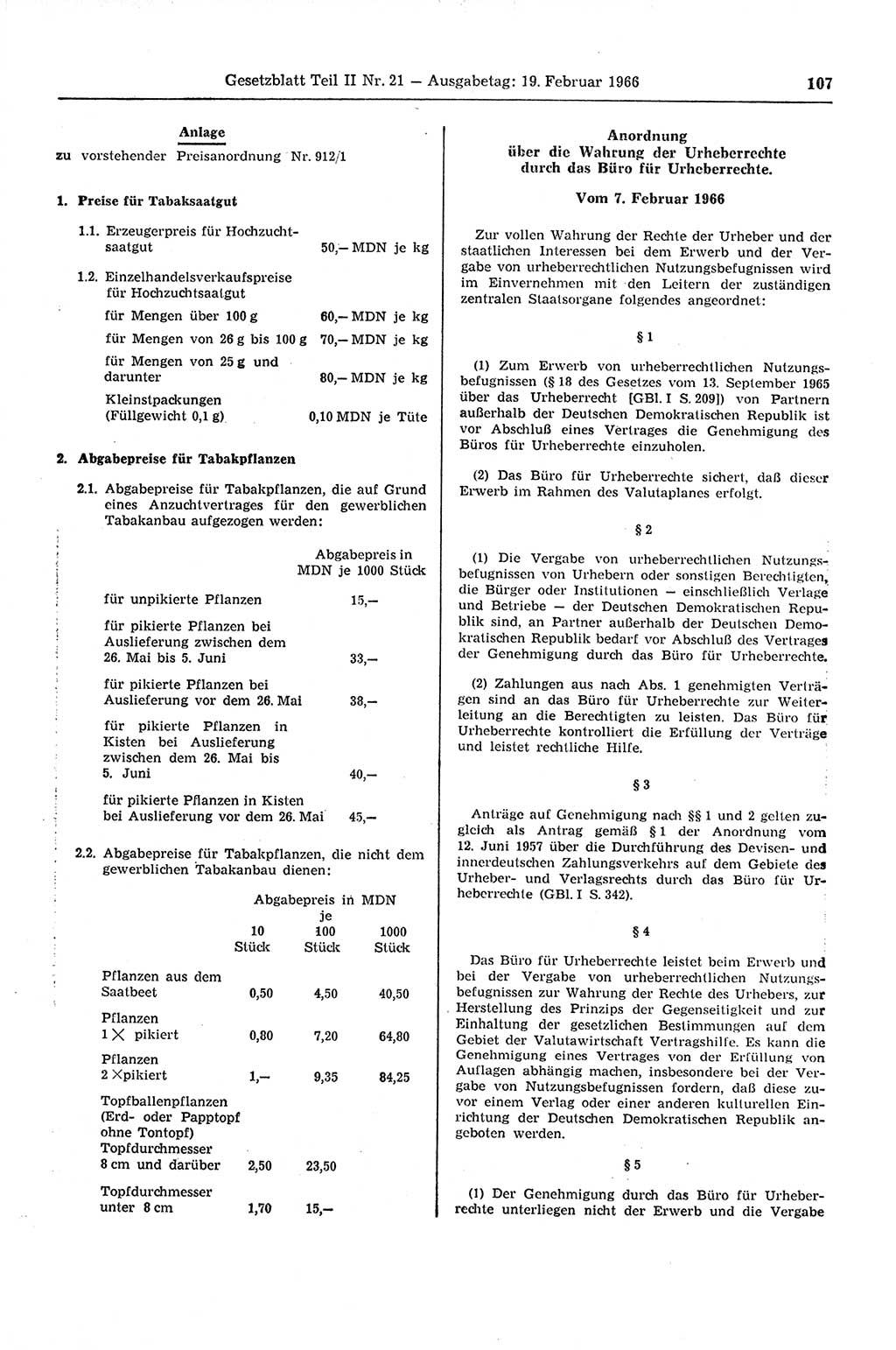 Gesetzblatt (GBl.) der Deutschen Demokratischen Republik (DDR) Teil ⅠⅠ 1966, Seite 107 (GBl. DDR ⅠⅠ 1966, S. 107)
