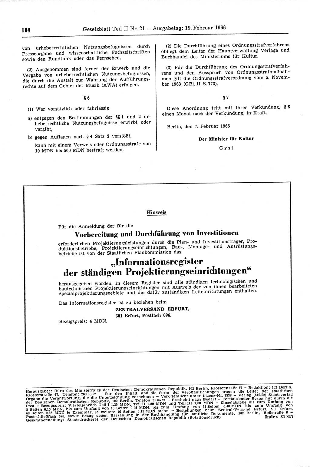 Gesetzblatt (GBl.) der Deutschen Demokratischen Republik (DDR) Teil ⅠⅠ 1966, Seite 108 (GBl. DDR ⅠⅠ 1966, S. 108)
