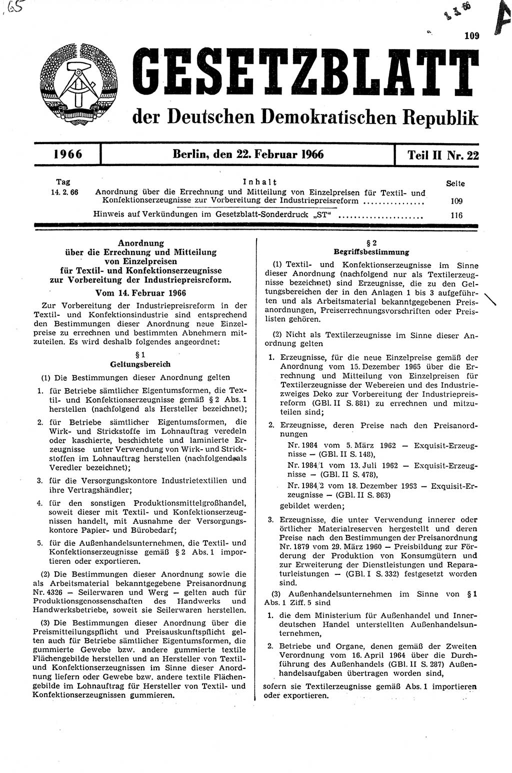 Gesetzblatt (GBl.) der Deutschen Demokratischen Republik (DDR) Teil ⅠⅠ 1966, Seite 109 (GBl. DDR ⅠⅠ 1966, S. 109)