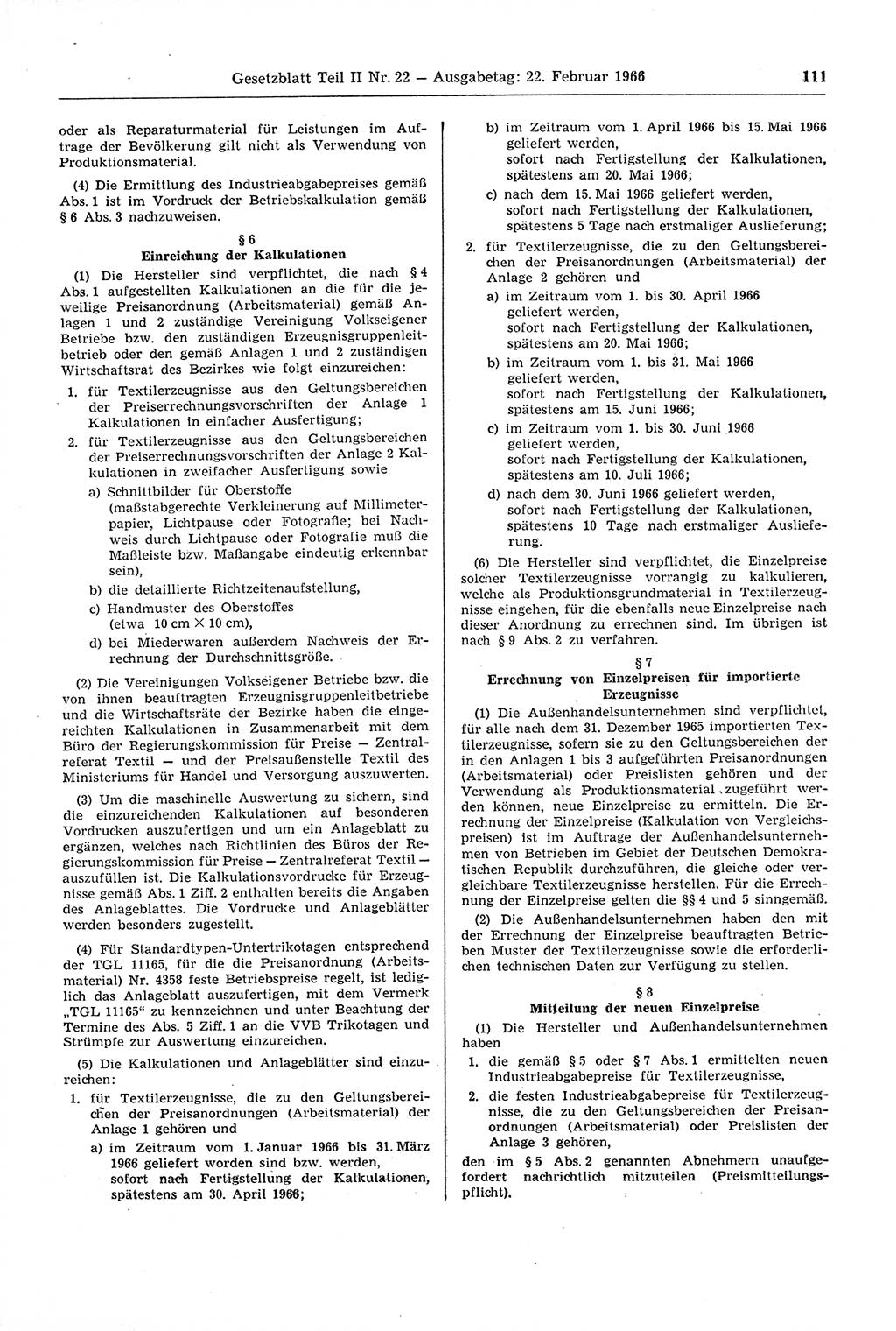 Gesetzblatt (GBl.) der Deutschen Demokratischen Republik (DDR) Teil ⅠⅠ 1966, Seite 111 (GBl. DDR ⅠⅠ 1966, S. 111)