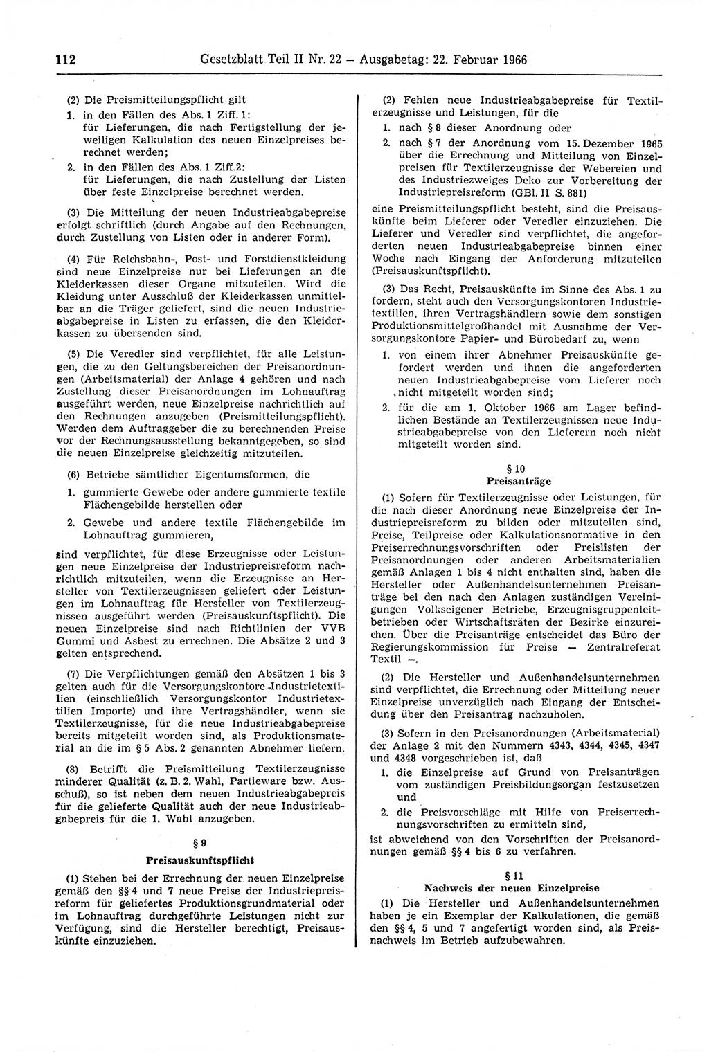 Gesetzblatt (GBl.) der Deutschen Demokratischen Republik (DDR) Teil ⅠⅠ 1966, Seite 112 (GBl. DDR ⅠⅠ 1966, S. 112)