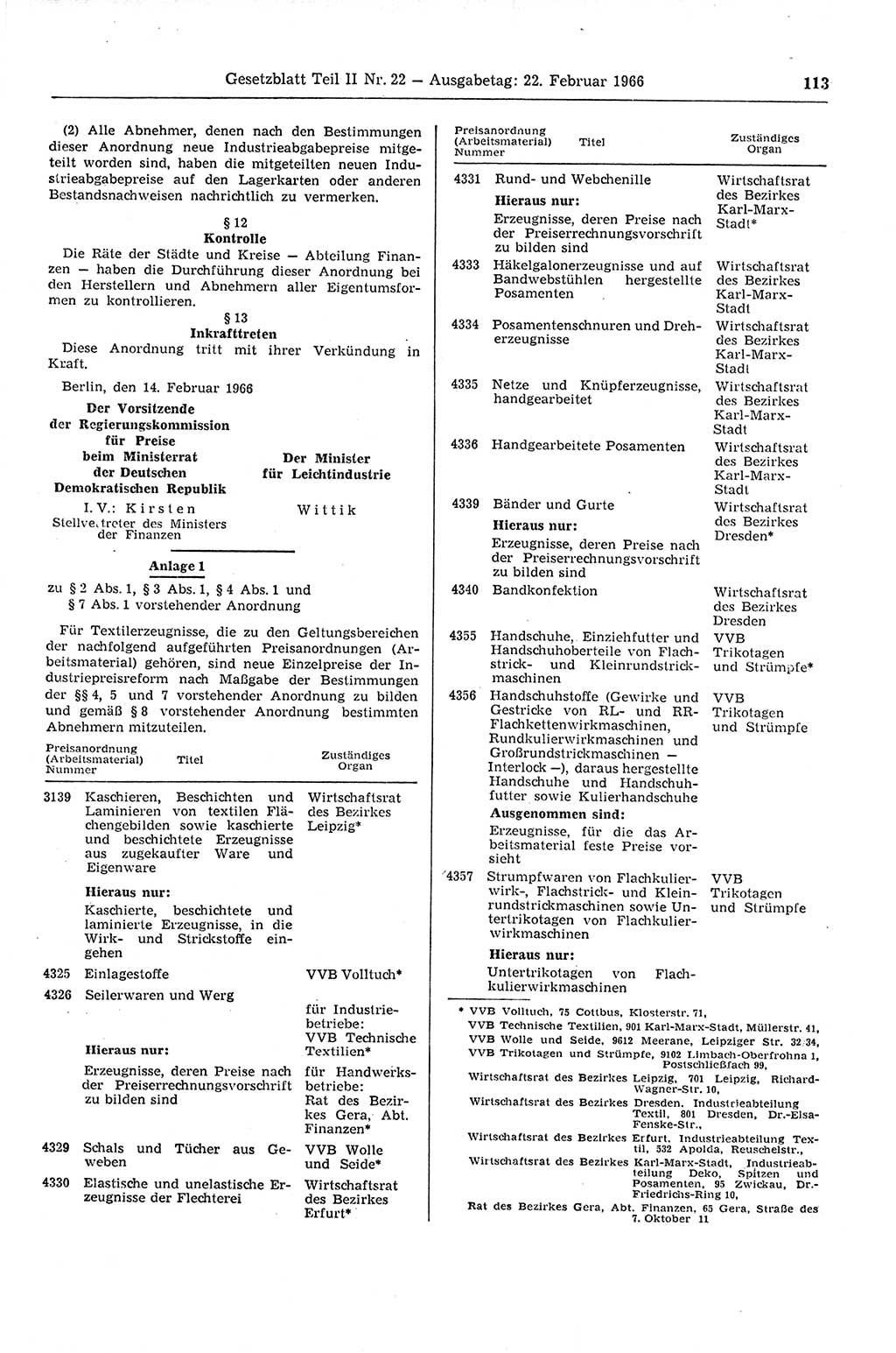 Gesetzblatt (GBl.) der Deutschen Demokratischen Republik (DDR) Teil ⅠⅠ 1966, Seite 113 (GBl. DDR ⅠⅠ 1966, S. 113)