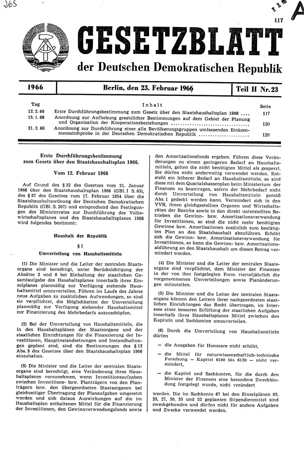 Gesetzblatt (GBl.) der Deutschen Demokratischen Republik (DDR) Teil ⅠⅠ 1966, Seite 117 (GBl. DDR ⅠⅠ 1966, S. 117)