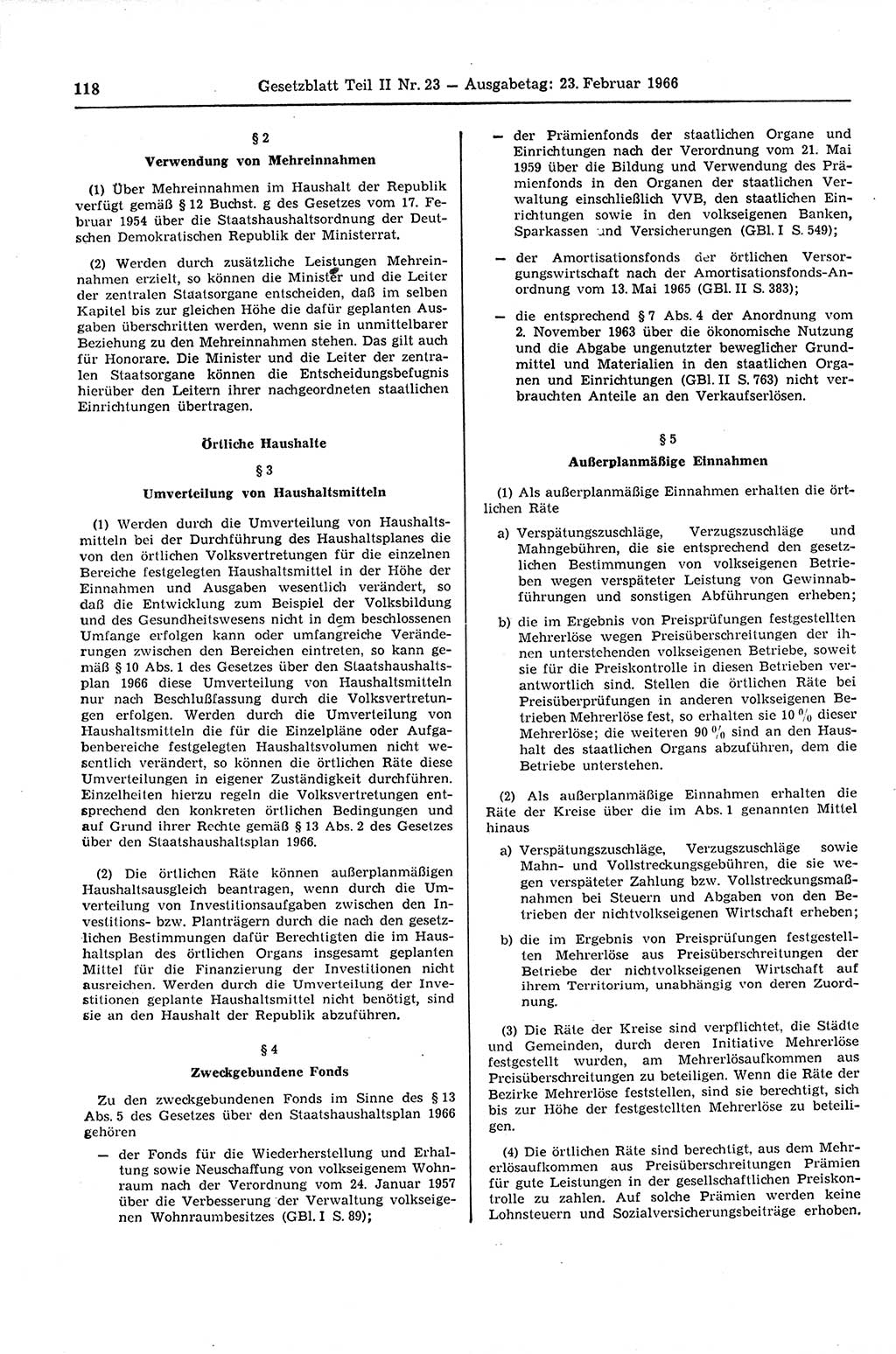 Gesetzblatt (GBl.) der Deutschen Demokratischen Republik (DDR) Teil ⅠⅠ 1966, Seite 118 (GBl. DDR ⅠⅠ 1966, S. 118)
