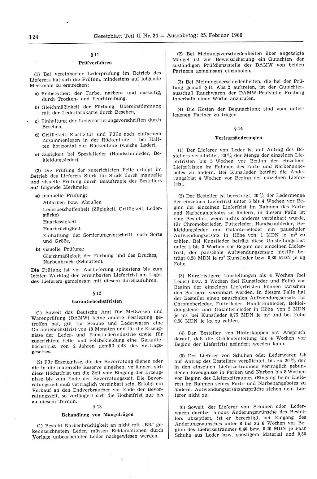 Gesetzblatt (GBl.) der Deutschen Demokratischen Republik (DDR) Teil ⅠⅠ 1966, Seite 124 (GBl. DDR ⅠⅠ 1966, S. 124)