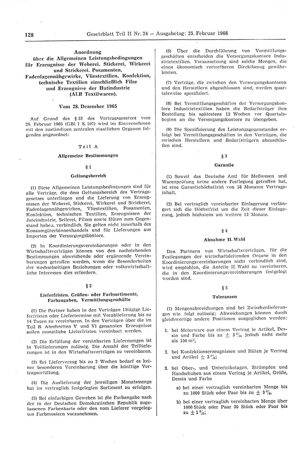 Gesetzblatt (GBl.) der Deutschen Demokratischen Republik (DDR) Teil ⅠⅠ 1966, Seite 128 (GBl. DDR ⅠⅠ 1966, S. 128)