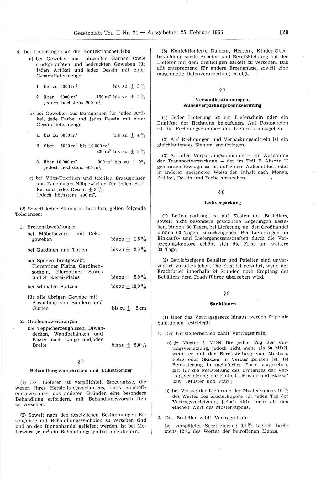 Gesetzblatt (GBl.) der Deutschen Demokratischen Republik (DDR) Teil ⅠⅠ 1966, Seite 129 (GBl. DDR ⅠⅠ 1966, S. 129)