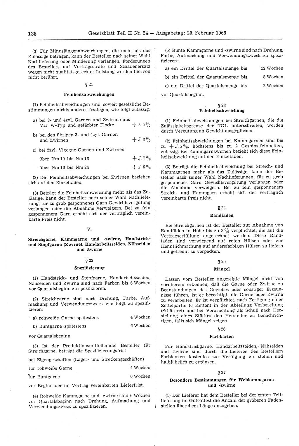 Gesetzblatt (GBl.) der Deutschen Demokratischen Republik (DDR) Teil ⅠⅠ 1966, Seite 138 (GBl. DDR ⅠⅠ 1966, S. 138)