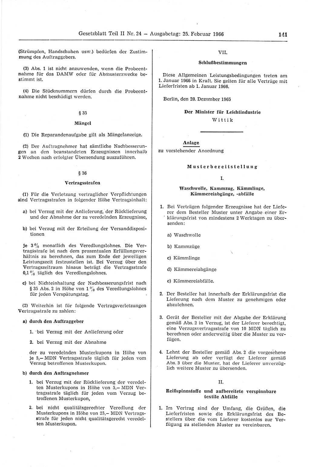 Gesetzblatt (GBl.) der Deutschen Demokratischen Republik (DDR) Teil ⅠⅠ 1966, Seite 141 (GBl. DDR ⅠⅠ 1966, S. 141)