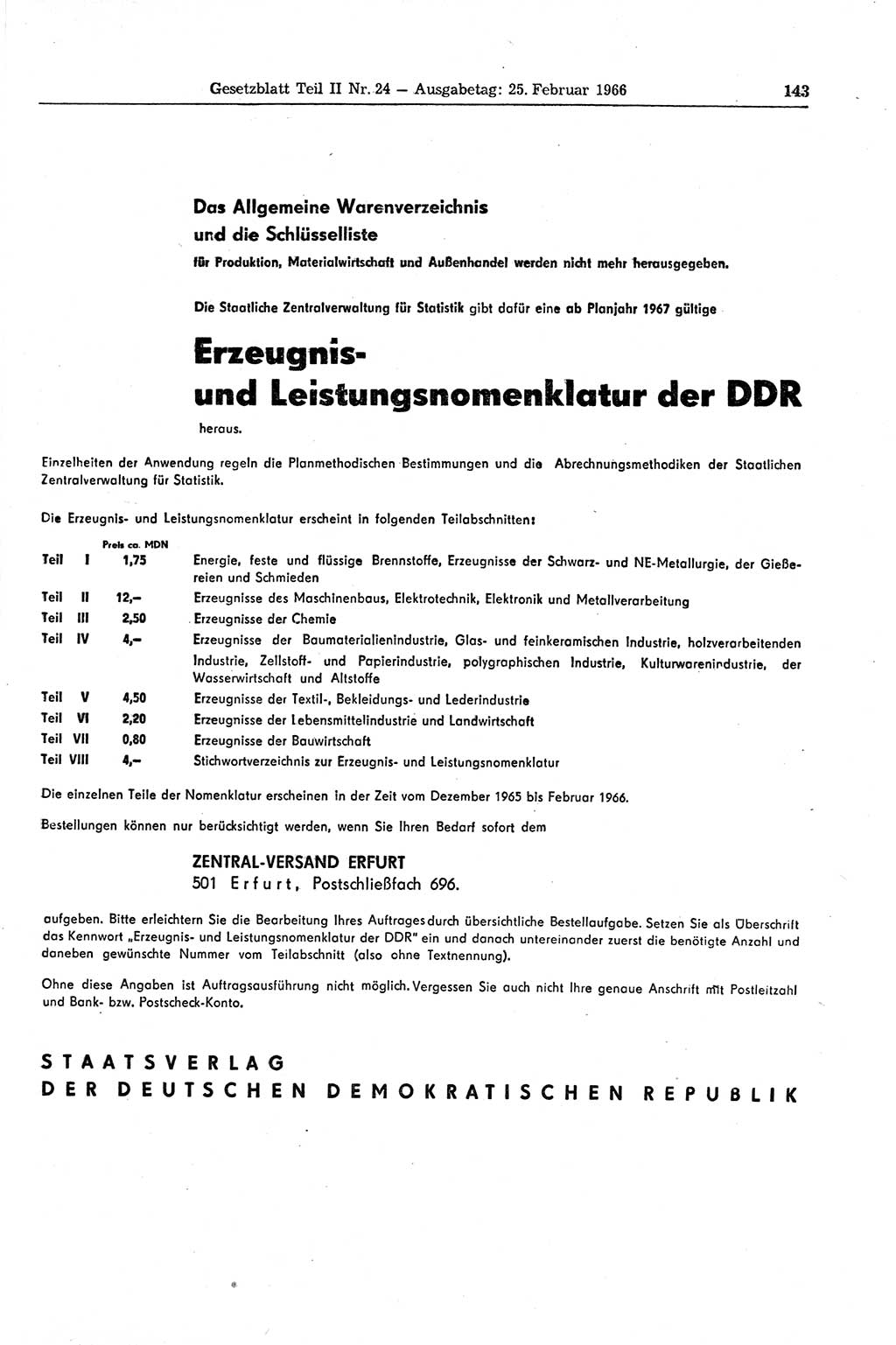 Gesetzblatt (GBl.) der Deutschen Demokratischen Republik (DDR) Teil ⅠⅠ 1966, Seite 143 (GBl. DDR ⅠⅠ 1966, S. 143)