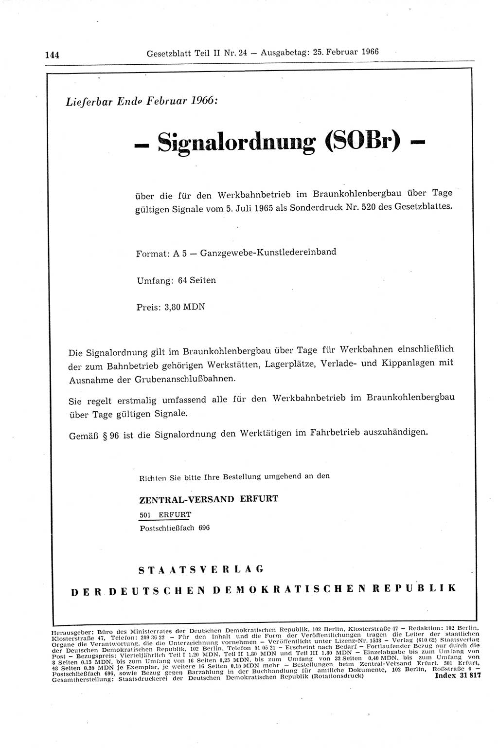 Gesetzblatt (GBl.) der Deutschen Demokratischen Republik (DDR) Teil ⅠⅠ 1966, Seite 144 (GBl. DDR ⅠⅠ 1966, S. 144)