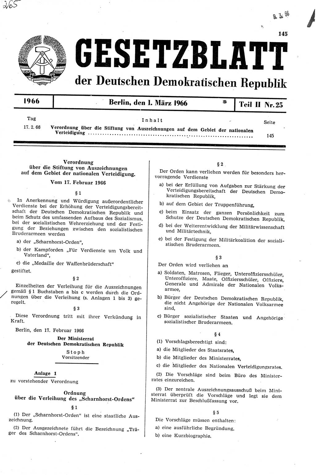 Gesetzblatt (GBl.) der Deutschen Demokratischen Republik (DDR) Teil ⅠⅠ 1966, Seite 145 (GBl. DDR ⅠⅠ 1966, S. 145)
