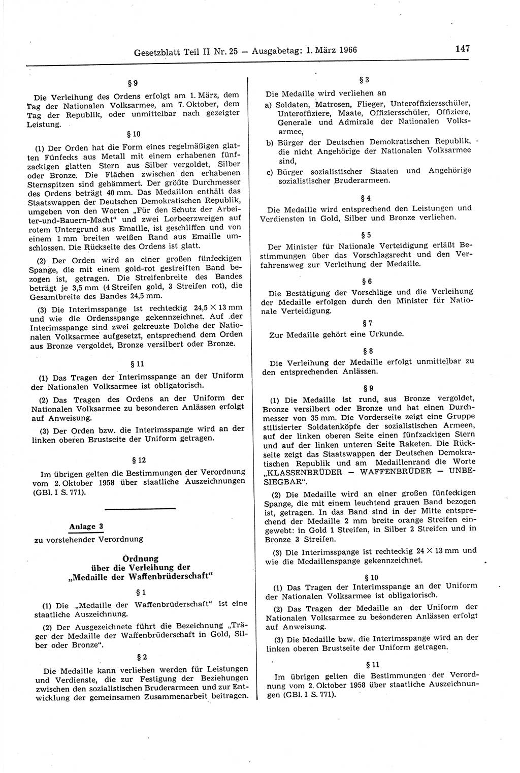 Gesetzblatt (GBl.) der Deutschen Demokratischen Republik (DDR) Teil ⅠⅠ 1966, Seite 147 (GBl. DDR ⅠⅠ 1966, S. 147)