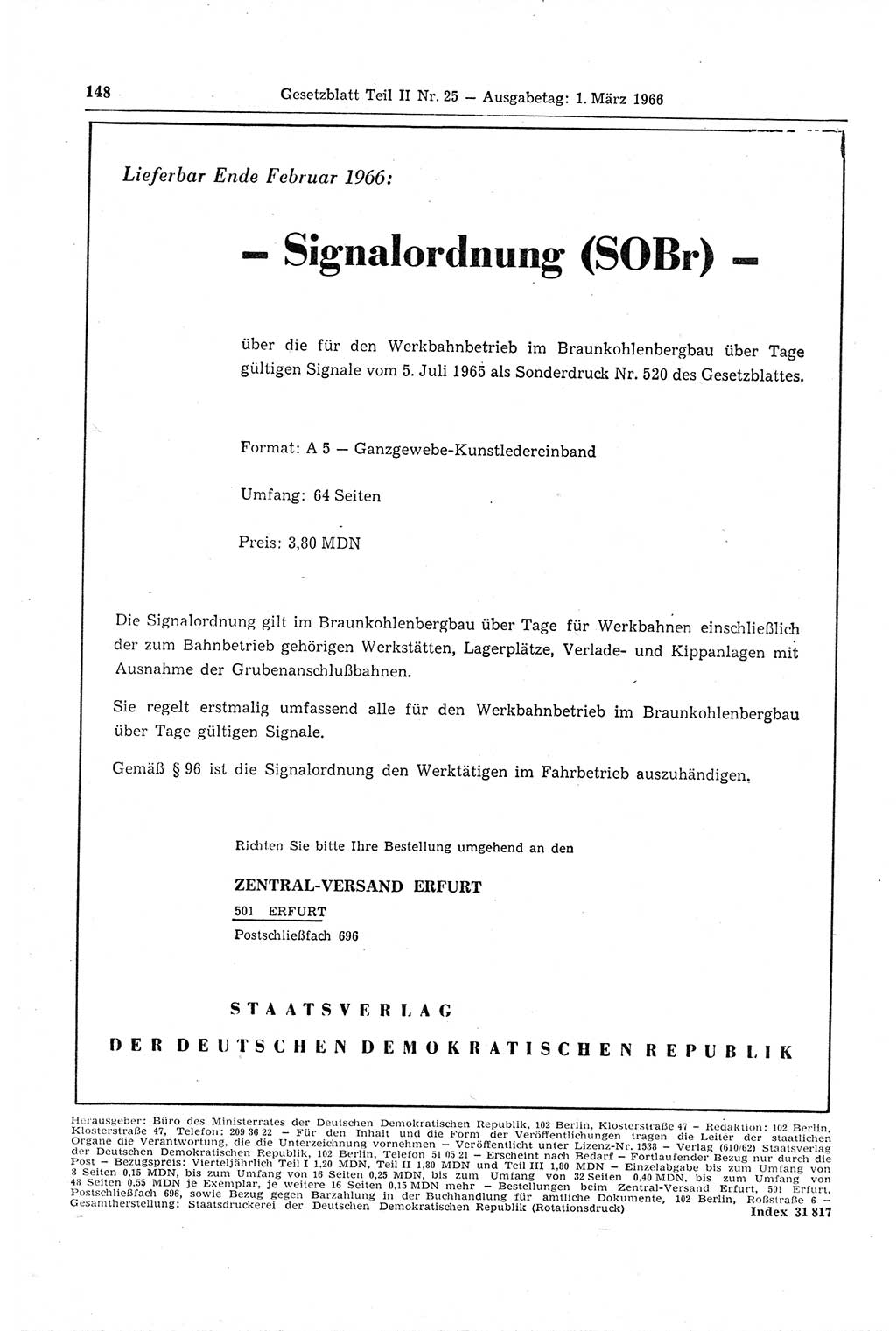 Gesetzblatt (GBl.) der Deutschen Demokratischen Republik (DDR) Teil ⅠⅠ 1966, Seite 148 (GBl. DDR ⅠⅠ 1966, S. 148)
