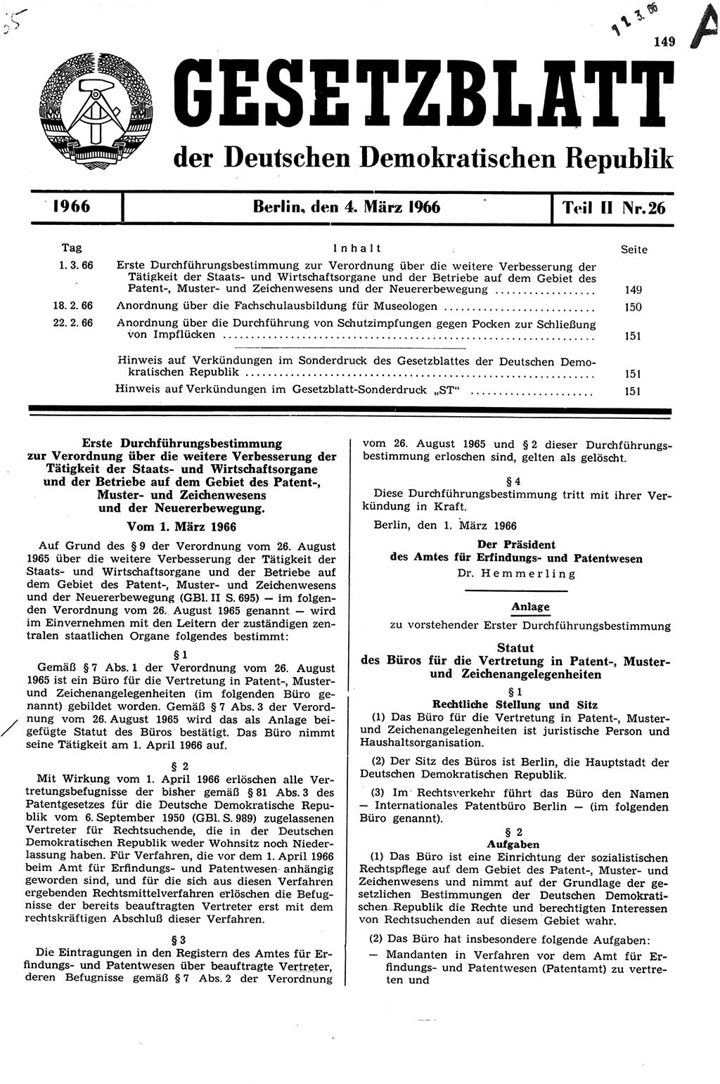Gesetzblatt (GBl.) der Deutschen Demokratischen Republik (DDR) Teil ⅠⅠ 1966, Seite 149 (GBl. DDR ⅠⅠ 1966, S. 149)