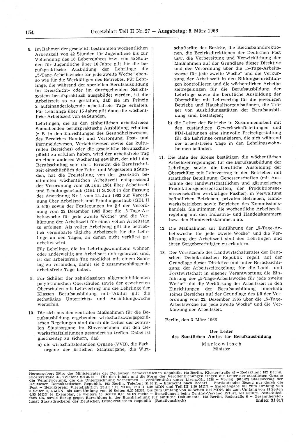 Gesetzblatt (GBl.) der Deutschen Demokratischen Republik (DDR) Teil ⅠⅠ 1966, Seite 154 (GBl. DDR ⅠⅠ 1966, S. 154)