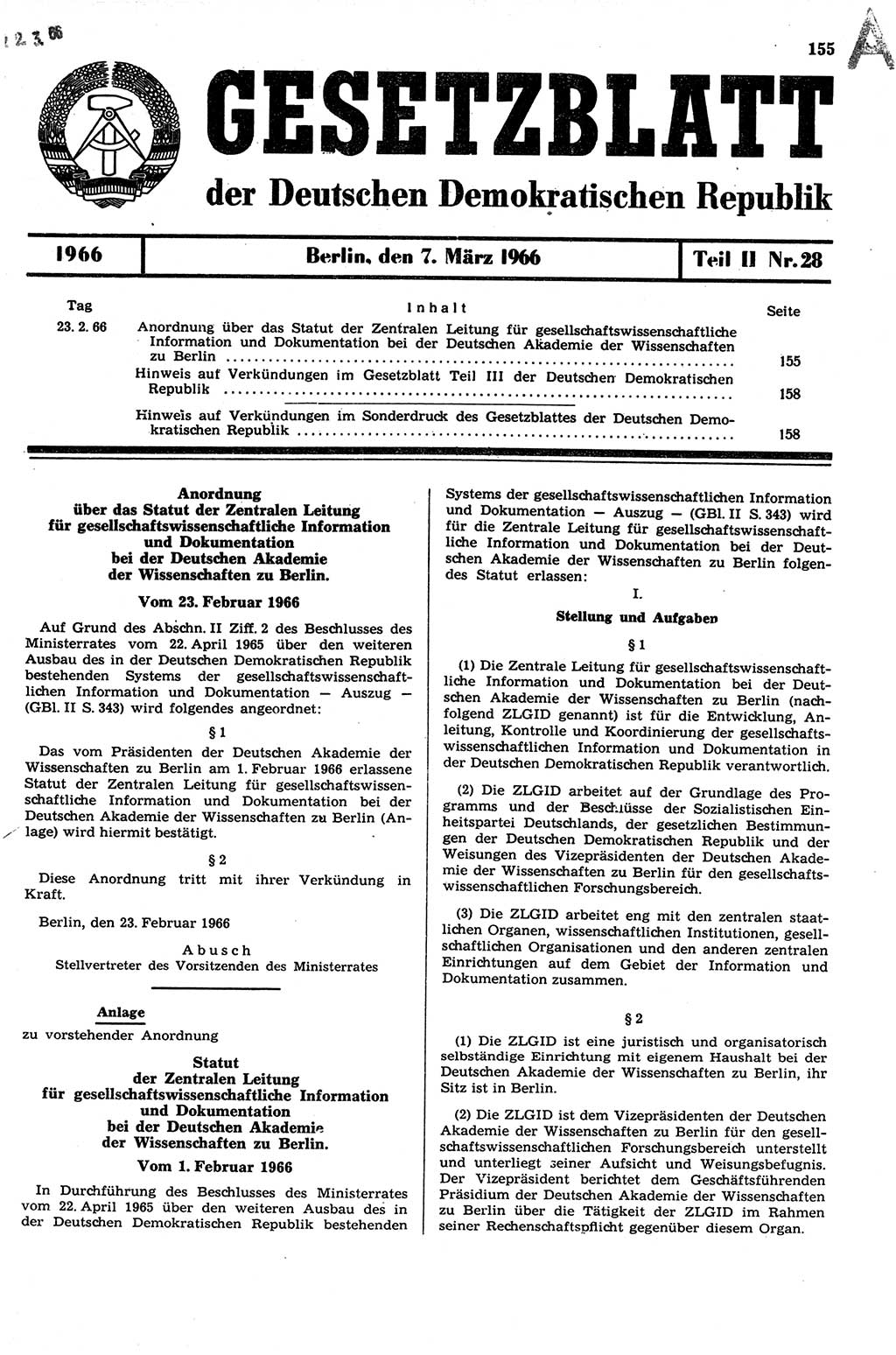 Gesetzblatt (GBl.) der Deutschen Demokratischen Republik (DDR) Teil ⅠⅠ 1966, Seite 155 (GBl. DDR ⅠⅠ 1966, S. 155)
