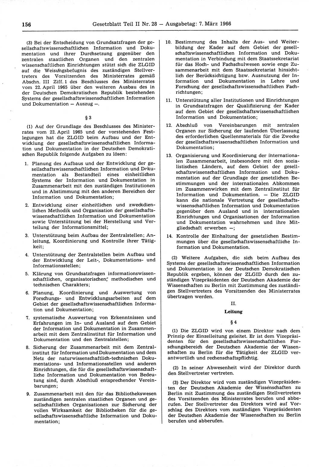 Gesetzblatt (GBl.) der Deutschen Demokratischen Republik (DDR) Teil ⅠⅠ 1966, Seite 156 (GBl. DDR ⅠⅠ 1966, S. 156)