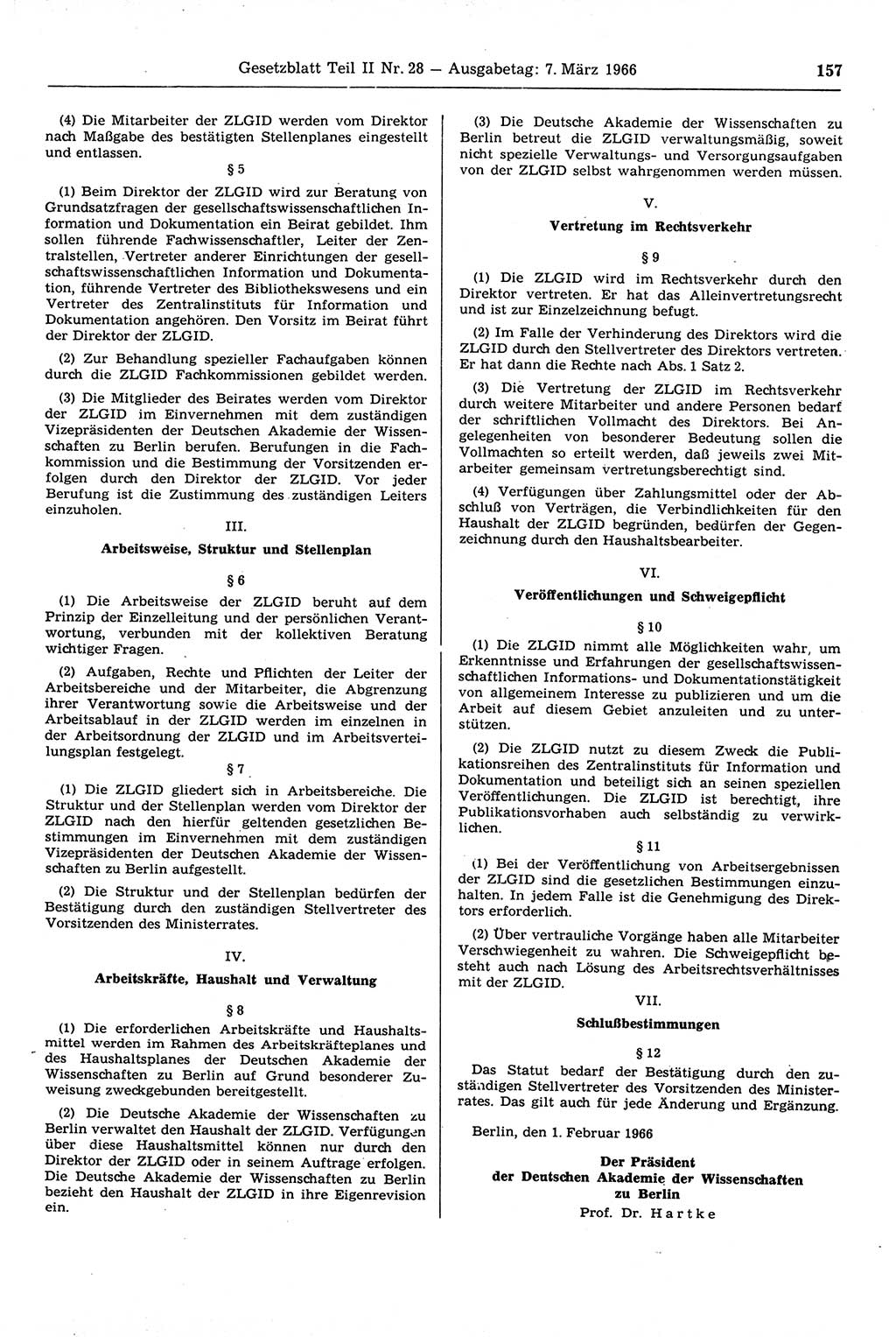 Gesetzblatt (GBl.) der Deutschen Demokratischen Republik (DDR) Teil ⅠⅠ 1966, Seite 157 (GBl. DDR ⅠⅠ 1966, S. 157)