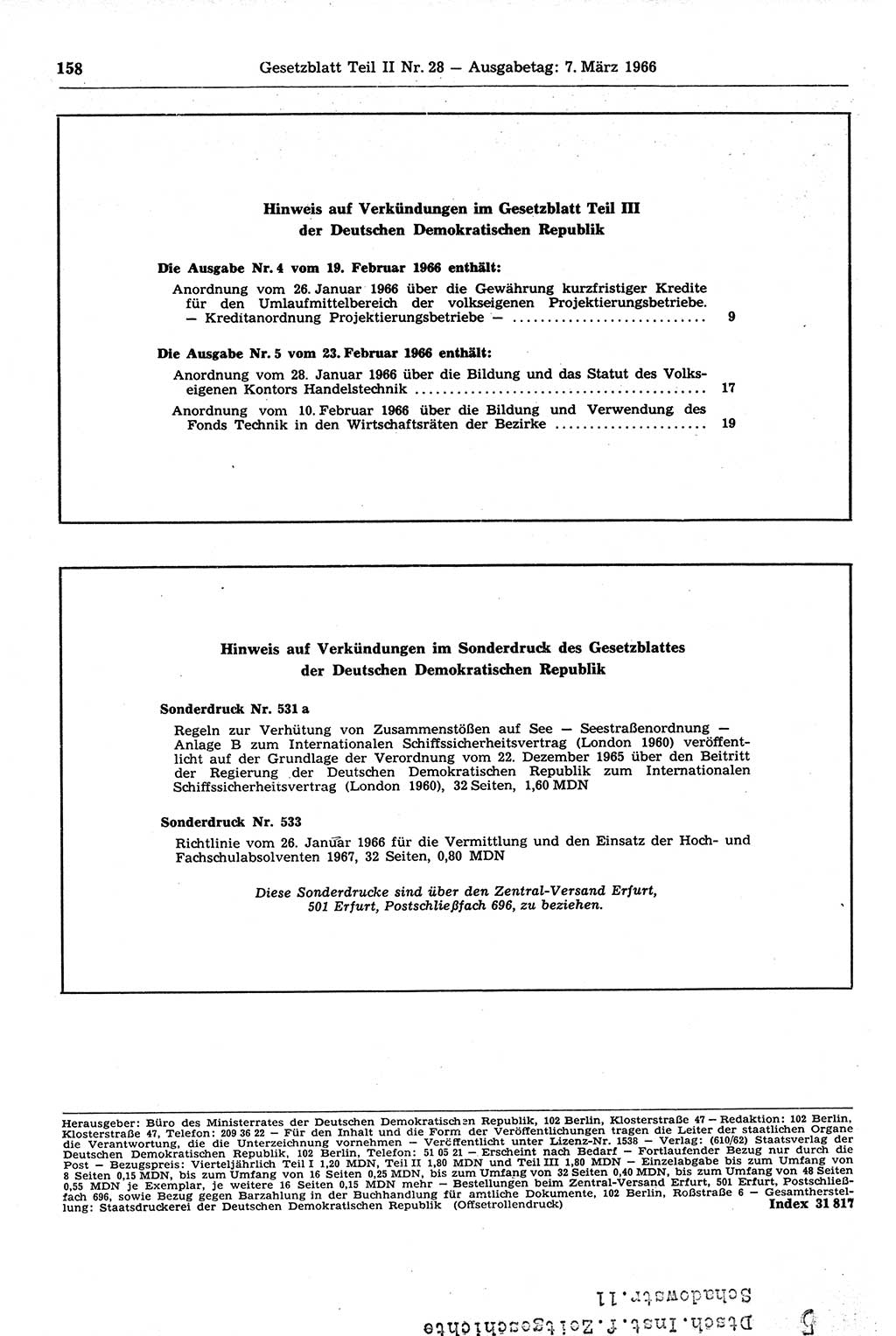 Gesetzblatt (GBl.) der Deutschen Demokratischen Republik (DDR) Teil ⅠⅠ 1966, Seite 158 (GBl. DDR ⅠⅠ 1966, S. 158)