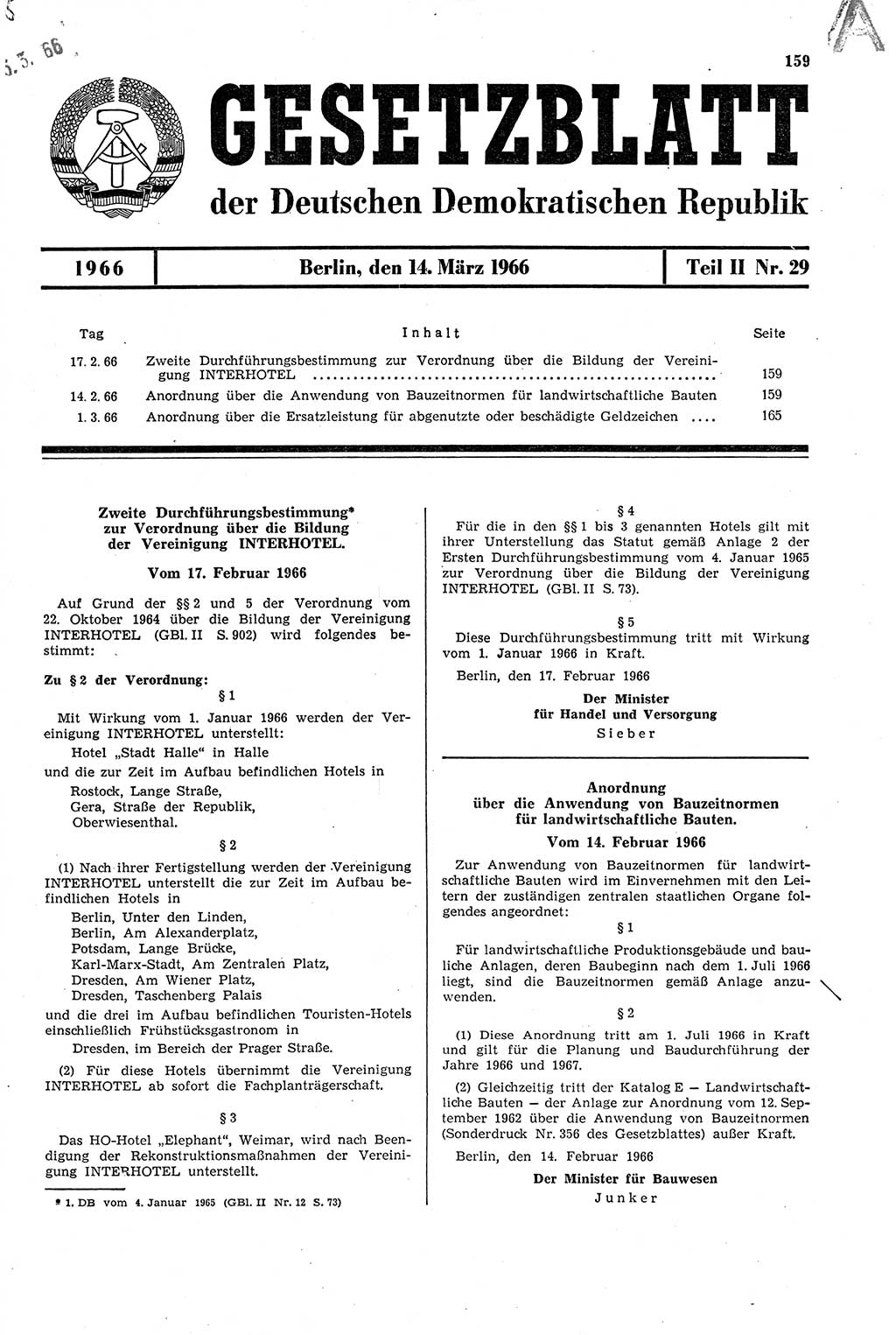 Gesetzblatt (GBl.) der Deutschen Demokratischen Republik (DDR) Teil ⅠⅠ 1966, Seite 159 (GBl. DDR ⅠⅠ 1966, S. 159)