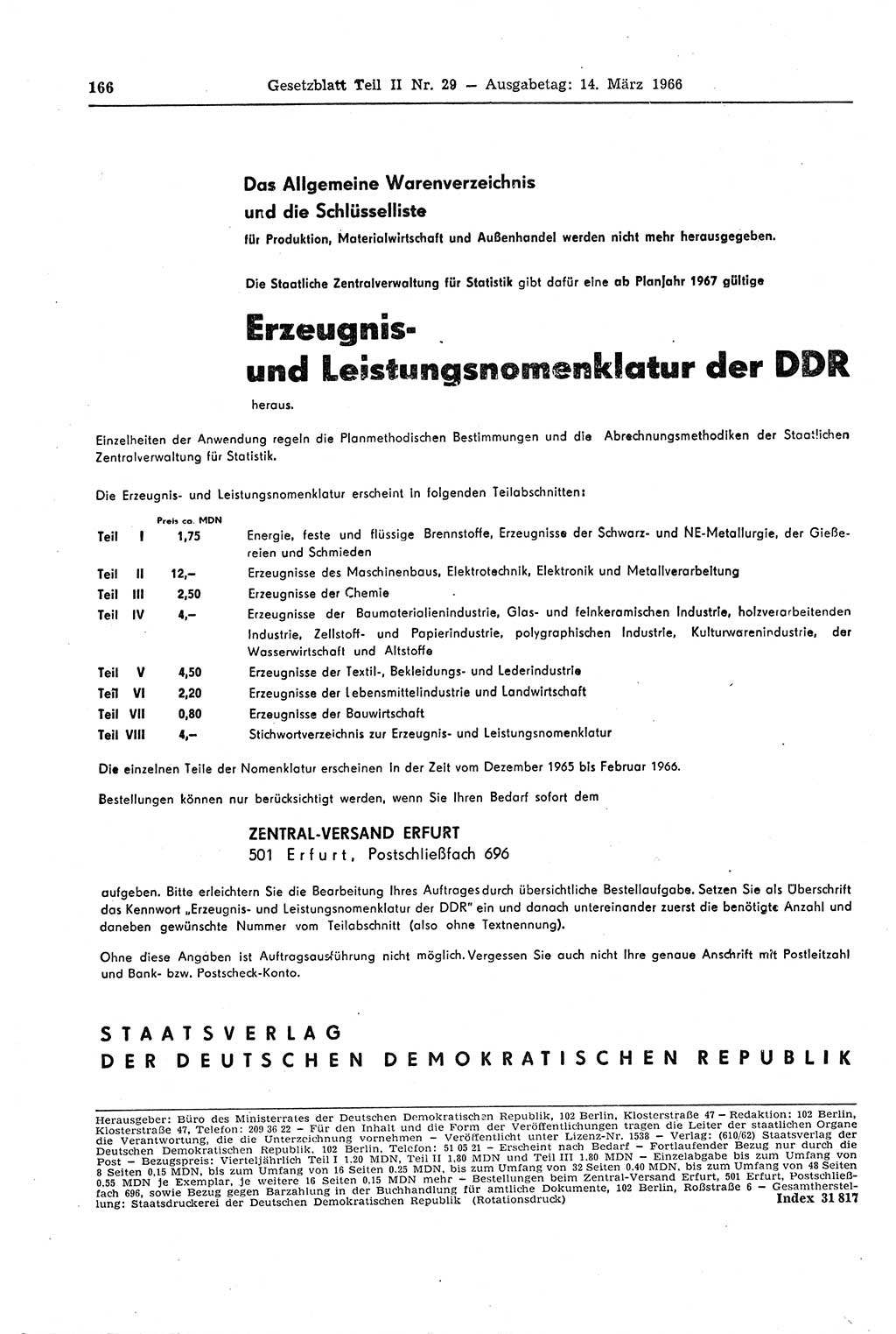 Gesetzblatt (GBl.) der Deutschen Demokratischen Republik (DDR) Teil ⅠⅠ 1966, Seite 166 (GBl. DDR ⅠⅠ 1966, S. 166)