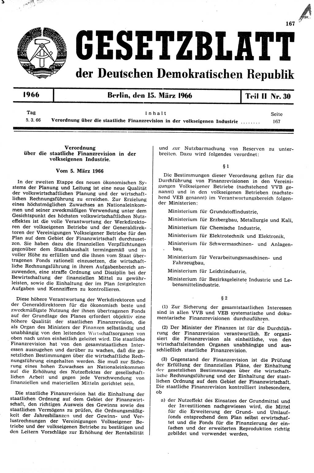 Gesetzblatt (GBl.) der Deutschen Demokratischen Republik (DDR) Teil ⅠⅠ 1966, Seite 167 (GBl. DDR ⅠⅠ 1966, S. 167)