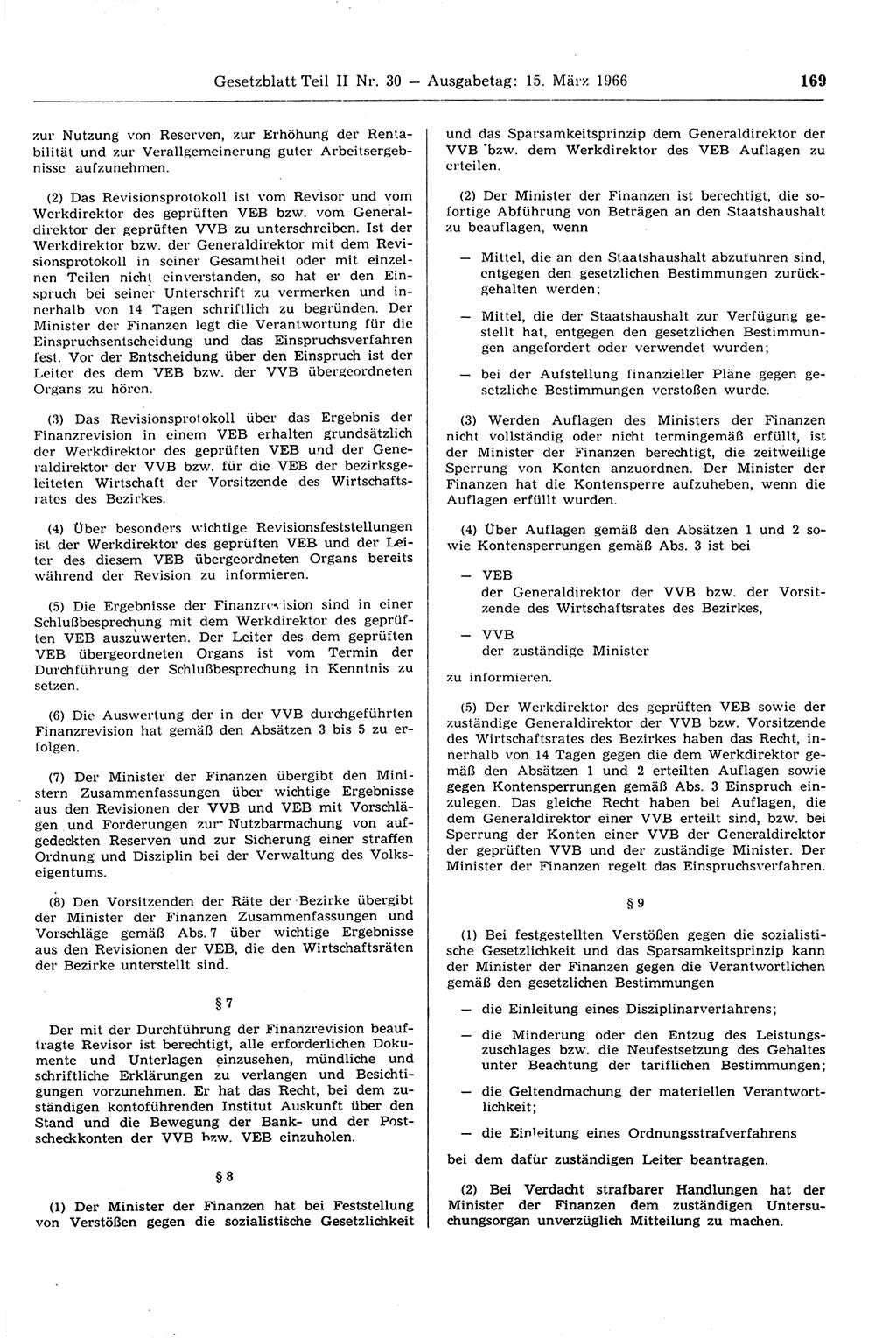 Gesetzblatt (GBl.) der Deutschen Demokratischen Republik (DDR) Teil ⅠⅠ 1966, Seite 169 (GBl. DDR ⅠⅠ 1966, S. 169)