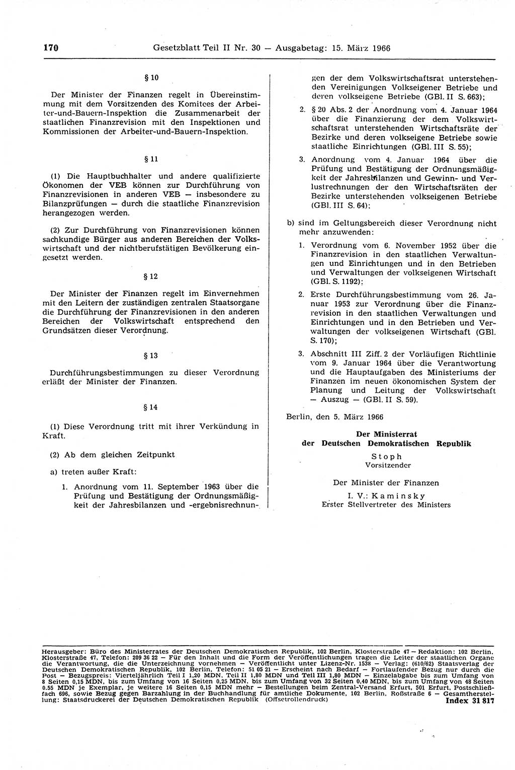 Gesetzblatt (GBl.) der Deutschen Demokratischen Republik (DDR) Teil ⅠⅠ 1966, Seite 170 (GBl. DDR ⅠⅠ 1966, S. 170)