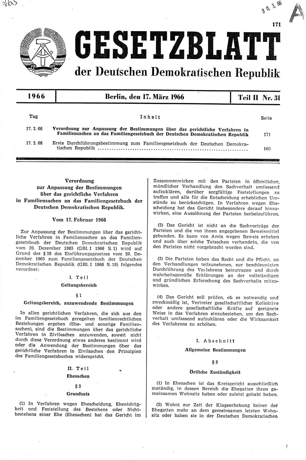 Gesetzblatt (GBl.) der Deutschen Demokratischen Republik (DDR) Teil ⅠⅠ 1966, Seite 171 (GBl. DDR ⅠⅠ 1966, S. 171)